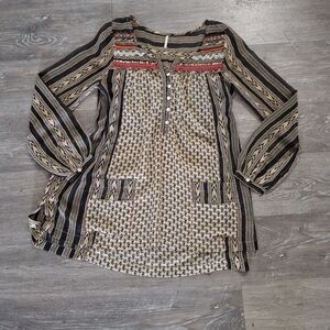 Free People Floral Tribal Printed Boho Beaded Sheer Tunic With Pockets